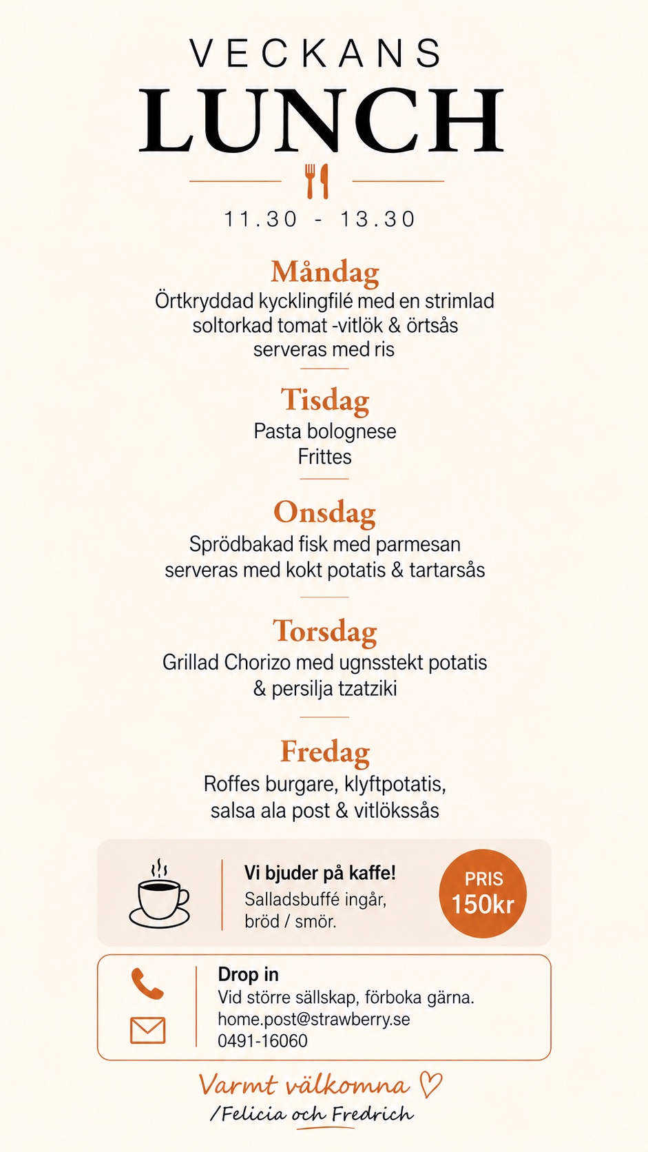 Veckomeny gjord i ChatGPT. Veckans lunch med orange dagrubriker och priset 150 kr.