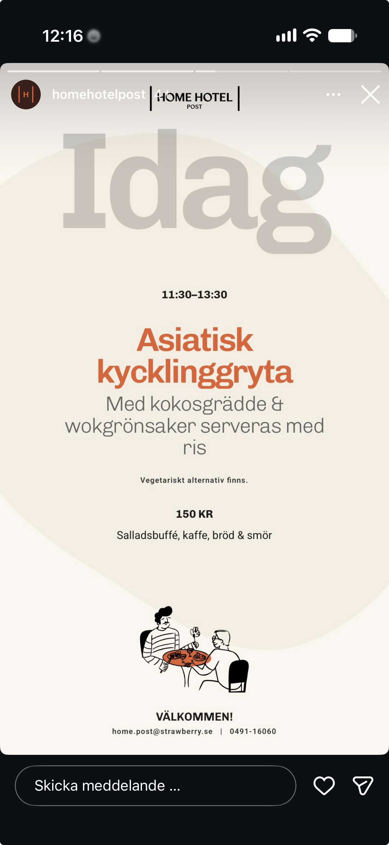 Instagram-story från homehotelpost med måndagens Idag-bild, vecka 41: asiatisk kycklinggryta med kokosgrädde & wokgrönsaker serveras med ris. 11:30–13:30, 150 kr. Originalskärmdump från 5 oktober 2026.