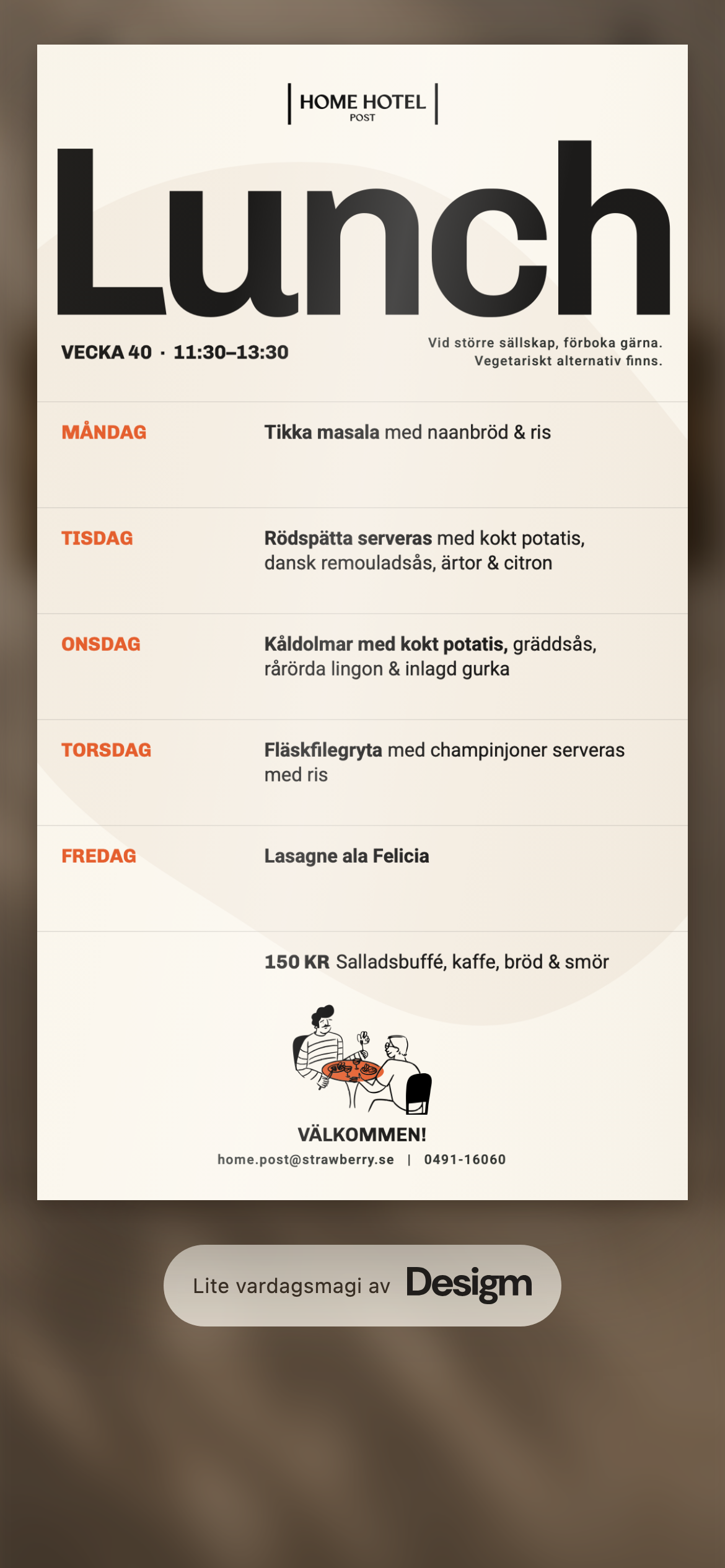 Veckans meny på QR-sidan, vecka 40, i mobilen: lunchmenyn ligger framför hotellets brevinkast, med Tikka masala på måndag till Lasagne ala Felicia på fredag.